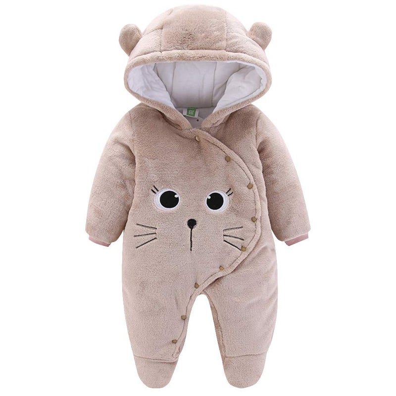 JiAmy Newborn Baby Winter Hooded Romper Fleece Snowsuit Jumpsuit Cartoon Cat Outfits for 0-3 Months Brown - Image 1